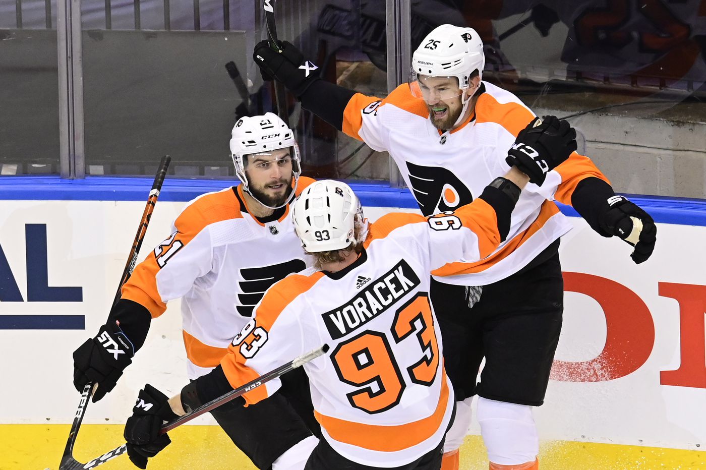 Flyers' Jakub Voracek, Scott Laughton, and James van Riemsdyk