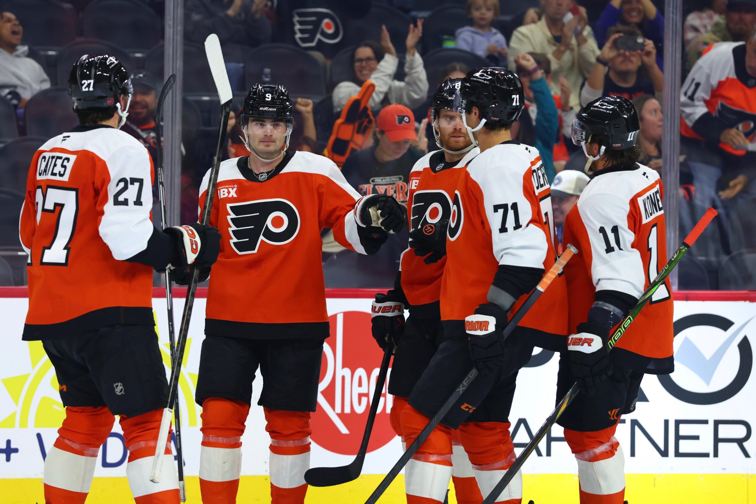 Philadelphia Flyers' Noah Cates, Jamie Drysdale, Cam York, Tyson Foerster, and Travis Konecny (Philadelphia Flyers/X)